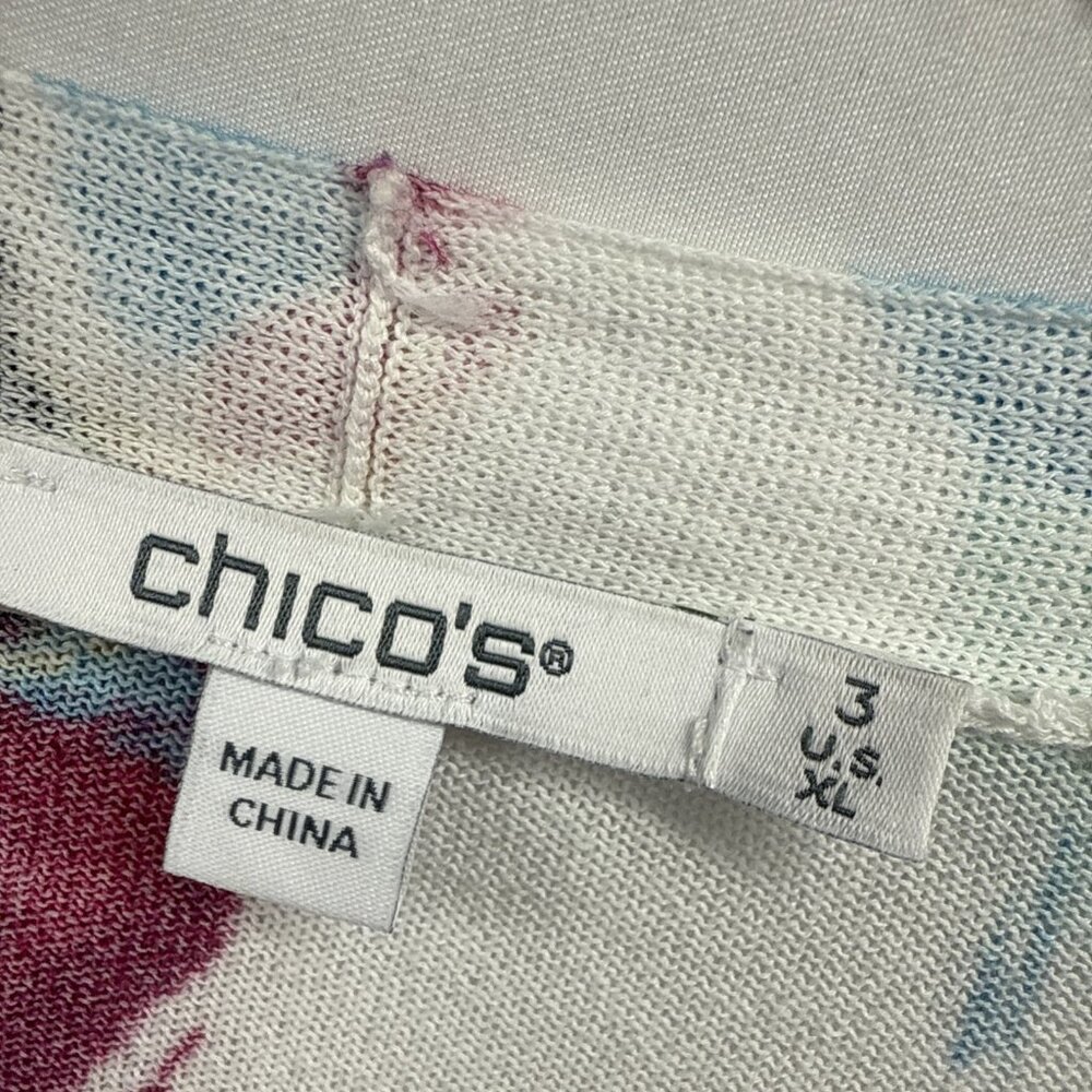 Chicos Women's‎ Cardigan Open Size XL Colorful Floral Ruched Sleeves Knit Light - Picture 3 of 8